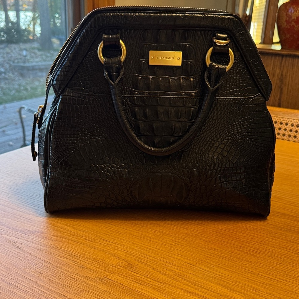 Brahmin Black Leather Crocodile Stamp with Stap